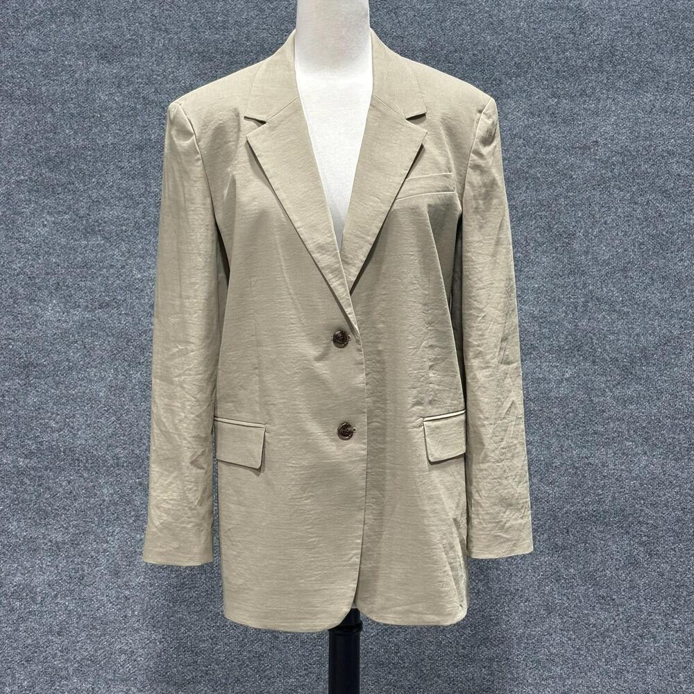 Theory Blazer Womens 10 Soft Taupe OS ST Good Crunch Longline Jacket Linen Blend